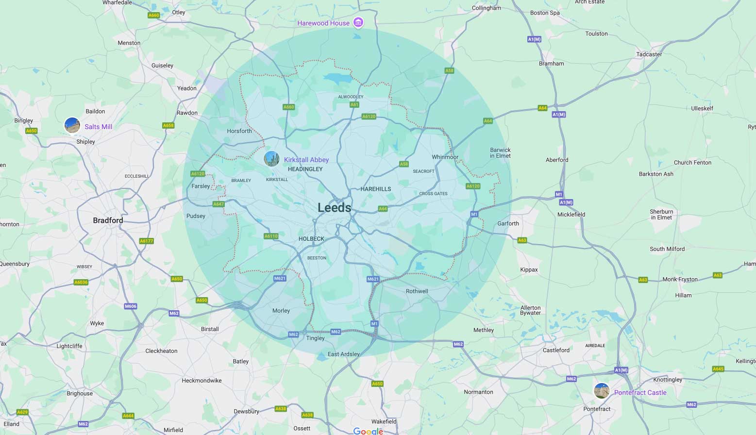 Map of Leeds showing where Aquatrust perform legionella water testing