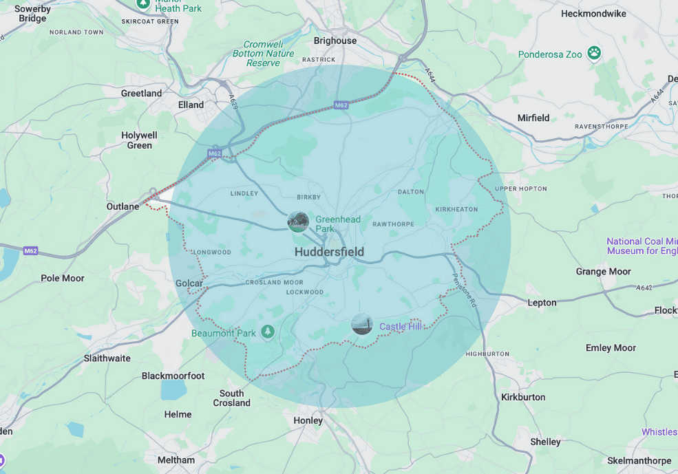 Map of where Aquatrust can do legionella testing in Huddersfield