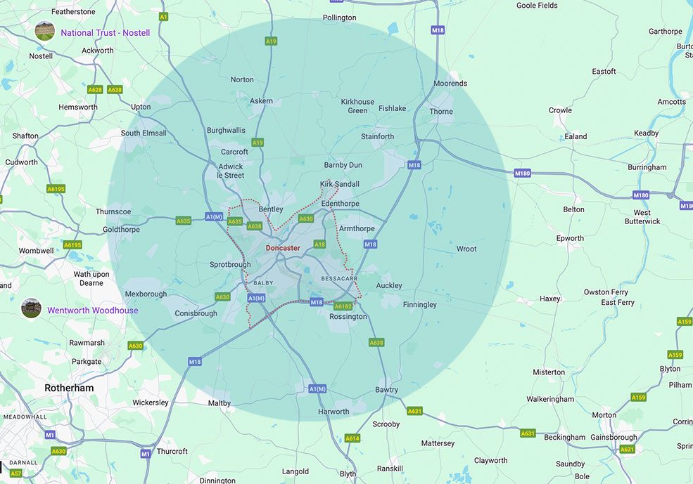 Map highlighting the areas around Doncaster Aquatrust service